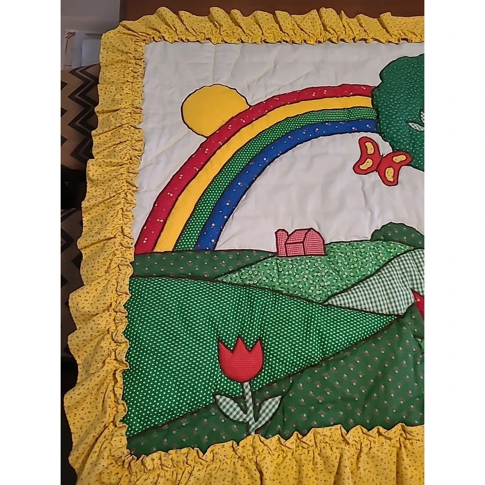 Small Calico Quilt Rainbow Flowers Sunshine Butterfly Tree Yellow Green 45